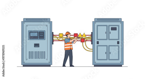 Electrical Engineer Working on Industrial Control Panels and Circuitry Illustration