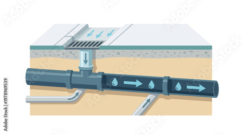 Cross Section of Underground Storm Water Drainage System and Sewerage Infrastructure Illustration