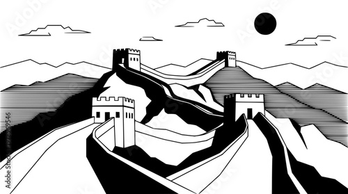 Black and white illustration of the Great Wall of China