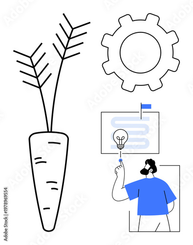 Innovation, productivity, motivation, strategy, idea development, goals, growth concept. Large carrot gear and individual pointing to lightbulb on a roadmap. Innovation and productivity