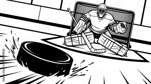 Hockey goalie blocks shot with quick reflexes and skill