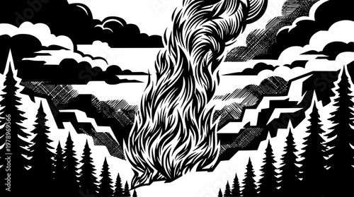 A black and white illustration of a forest fire