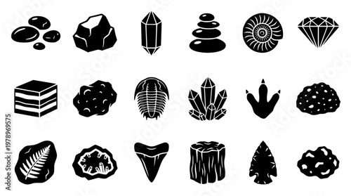 Black and white vector graphic of various rocks and minerals