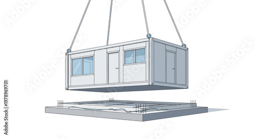 Modern Prefabricated Modular Building Unit Being Lowered onto Foundation - Sustainable Construction Concept Illustration