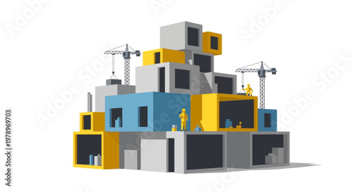 Modular Prefabricated Construction Site with Cranes and Workers, Modern Architecture Building Concept Isolated on White