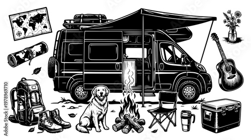 Camper van with dog and travel gear illustration