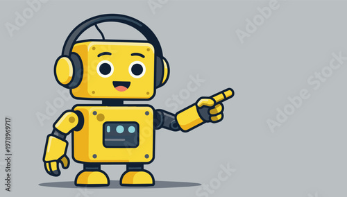 Cute yellow robot wearing headphones and pointing finger