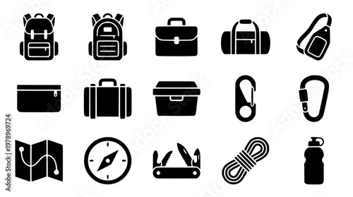 Black icons of various travel and outdoor gear items