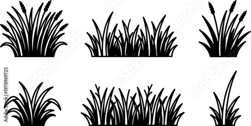 Black silhouette grass bunches and blades vector art set