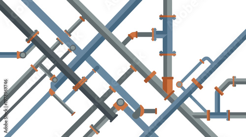 Industrial Pipeline Network Vector Illustration: Flat Design of Intersecting Pipes, Fittings, and Infrastructure for Water, Gas, and Energy Systems