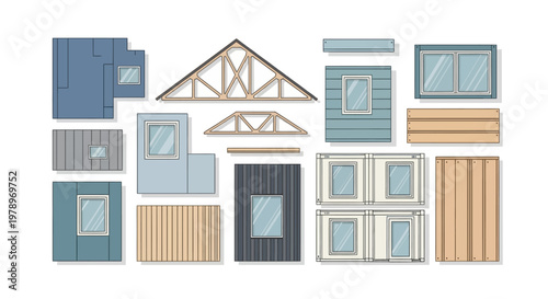 Modular Prefab Tiny House Construction Kit Vector Elements - Set of Architectural Components Including Windows, Wall Panels, Roof Truss, and Wood Siding for Small Cabin Design