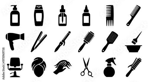 Black silhouettes of various hairdressing tools and accessories displayed