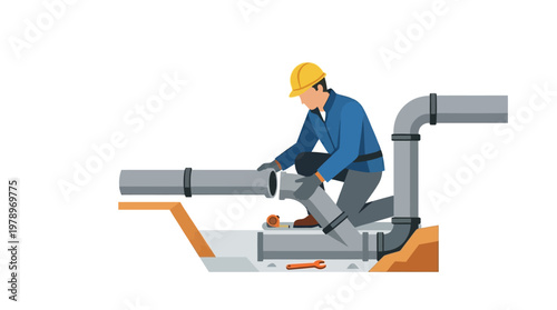 Professional Plumber Installing Underground Water and Sewage Pipes, Construction Worker in Hard Hat Working on Pipeline Infrastructure, Flat Vector Illustration