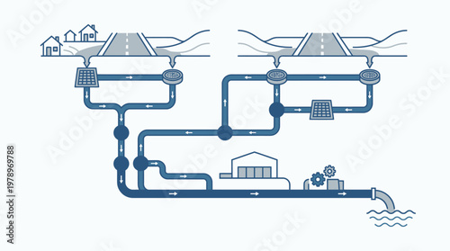 Infographic Diagram of Urban Drainage and Sewerage System showing Water Flow from Residential Areas to Treatment Plant and Outlet