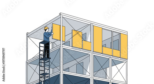 Modern modular construction site illustration with worker installing prefabricated panels on a building frame