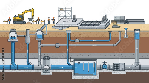 Underground Infrastructure and Water Management System Cross-Section Diagram with Construction Site