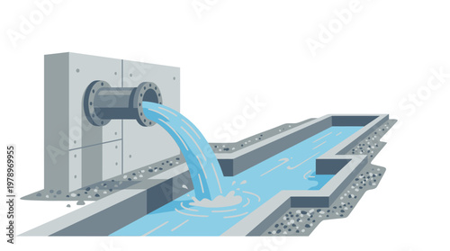 Industrial Water Pipe Discharging into Concrete Drainage Canal Illustration