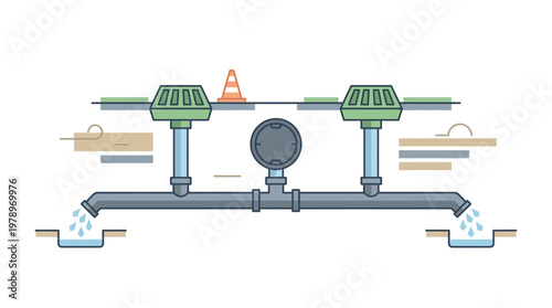Industrial Water Pipe System Illustration with Valves and Pressure Gauge for Infrastructure and Plumbing Utilities