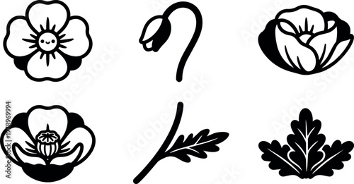 Black and white floral icons with smiling face and leaf shapes vector art