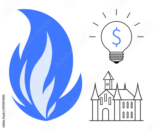 Energy, innovation, finance, architecture, growth, creativity. Blue flame, light bulb with dollar sign castle outline. Energy and innovation through fire and bulb concepts
