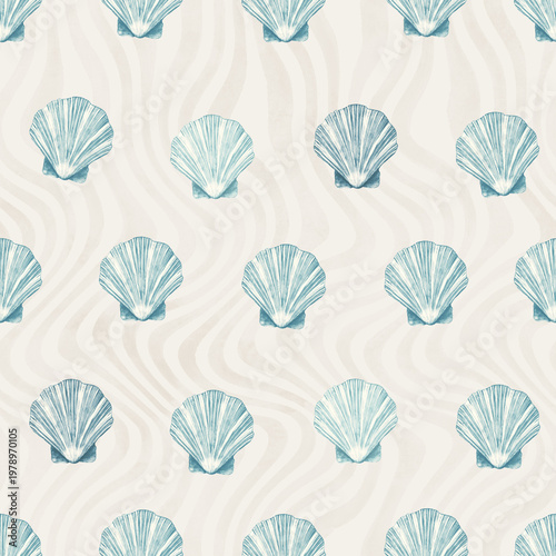 Watercolor Seashells on Wavy Sand Seamless Pattern