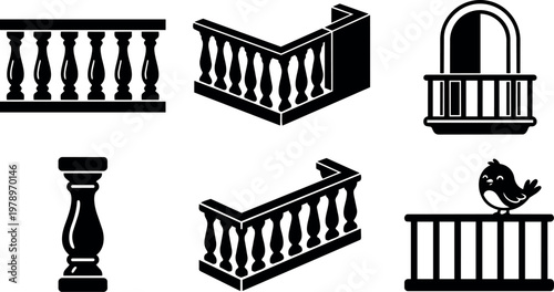 Black balustrade and balcony vector icons with ornamental spindles and bird silhouette
