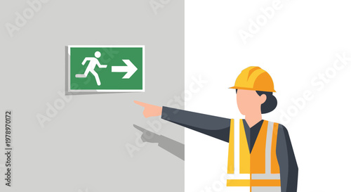 Female Construction Worker Pointing to Emergency Exit Sign for Occupational Safety and Health Guidance Illustration