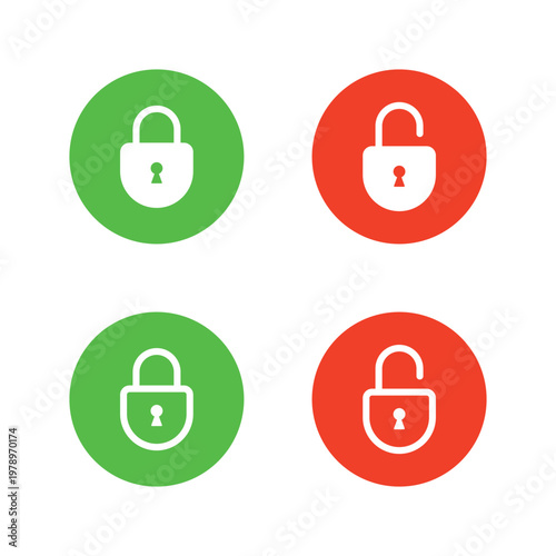 Lock unlock icon in green and red circle. Close and open padlock symbol. Security access sign