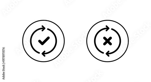Sync process icon in circular outline. Cycle arrows with check and cross symbol