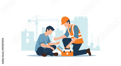 Construction Site Safety and First Aid Illustration: Worker Providing Medical Help to Injured Colleague with First Aid Kit