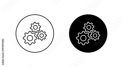 Cogwheel gear outline icon in black circle. System configuration symbol