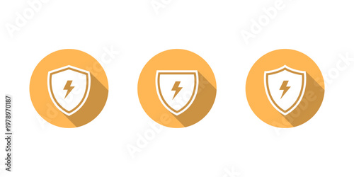 Energy protection shield icon set with long shadow. Power security symbol. Defense lightning sign