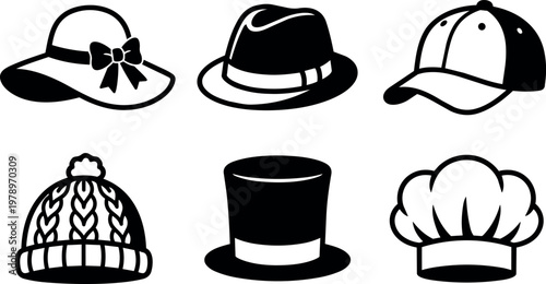 Six different hat styles including bow sunhat fedora cap beanie top hat and chef hat