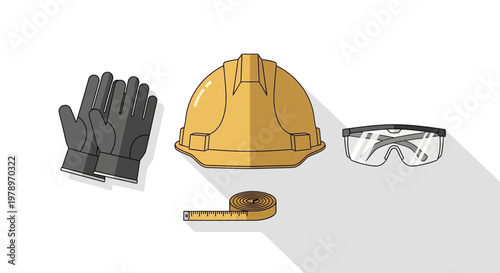 Set of Personal Protective Equipment PPE including Yellow Hard Hat, Work Gloves, Safety Goggles, and Tape Measure. Flat Vector Illustration for Construction Safety.