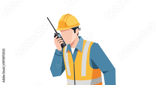 Construction Worker in Safety Vest and Hard Hat Using Walkie-Talkie Radio. Professional Engineer Vector Illustration for Site Management, Logistics, and Industrial Communication.