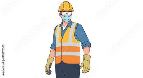 Construction Worker Wearing Full PPE Protective Gear, Face Mask, Hard Hat, and High-Visibility Vest Illustration