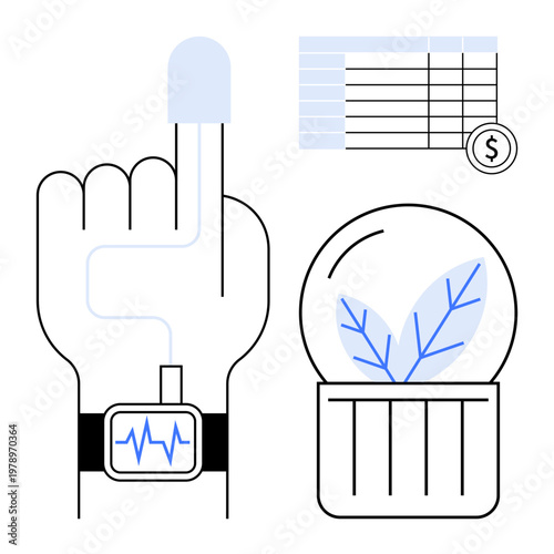 Wearable devices, environmental care, data tracking, financial planning, biometric interface, smart tools. A hand wearing a smartwatch, a plant in a globe and data chart. Wearable technology