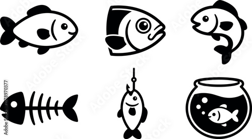 Black and white fish icons including fish on hook and fish in bowl vector art