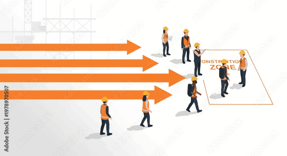 Fototapeta premium Construction Project Management and Growth Concept with Team of Workers and Progress Arrows