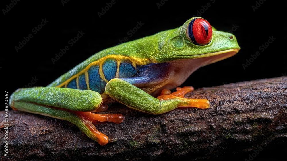 Fototapeta premium Red-eyed tree frog sitting on a tree branch with black background