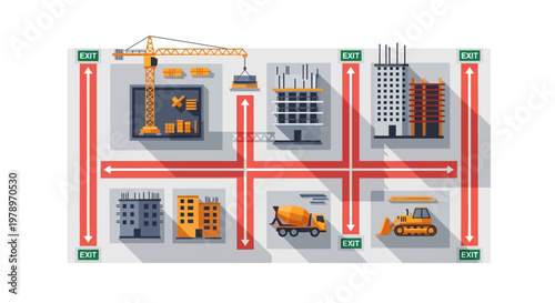 Flat Vector Illustration of a Construction Site Layout with Crane, Buildings, Heavy Machinery, and Safety Exit Paths for Urban Development and Architectural Planning