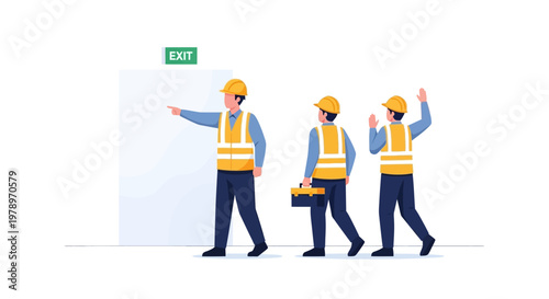 Industrial Workers Following Emergency Exit Sign for Workplace Safety and Evacuation Drill, Vector Illustration