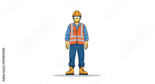 Professional Construction Worker Illustration Wearing Full Personal Protective Equipment PPE including Hard Hat, Reflective Vest, and Safety Mask on White Background
