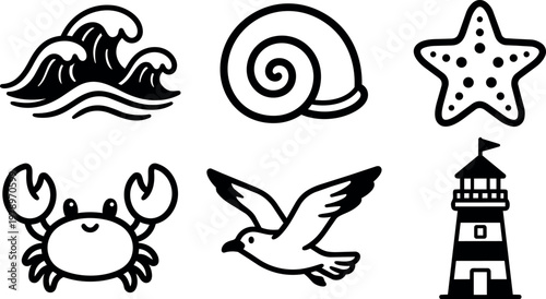 Ocean wave snail starfish crab seagull and lighthouse icons