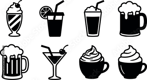 Black and white vector icons of milkshake cocktail beer and coffee with cream