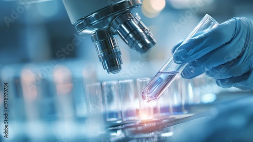 Medical laboratory scientist working with a microscope in a high-tech research lab. Professional researcher wearing protective suit, gloves, and face mask analyzing samples for scientific research