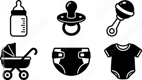 Black and white baby care items including bottle pacifier rattle stroller diaper and onesie vector art