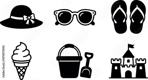 Black and white vector art summer beach icons hat sunglasses flip flops ice cream sand bucket and castle
