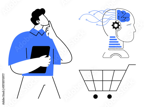 Artificial intelligence, consumer behavior, decision-making, innovation, e-commerce, future technology. A person holding a tablet thinking, with a robotic head and shopping cart. AI and consumer