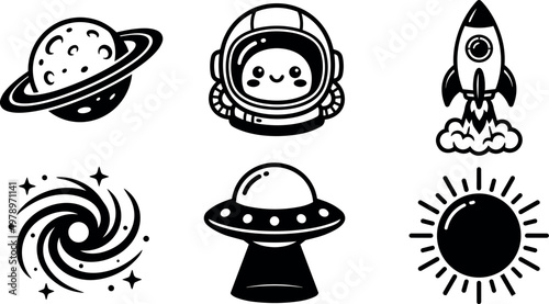 Cute astronaut rocket planet galaxy and sun icons
